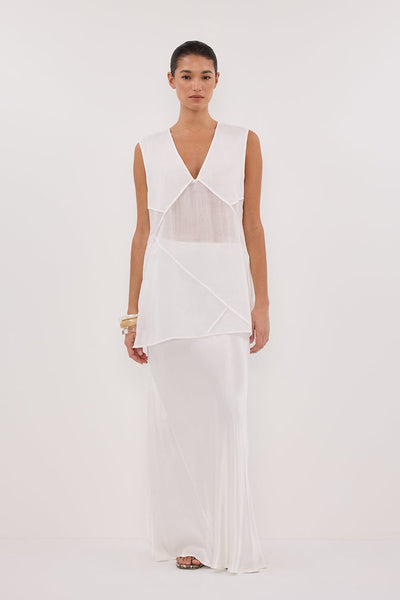 Aude wearing CARMEL WHITE RAMIE V NECK TOP