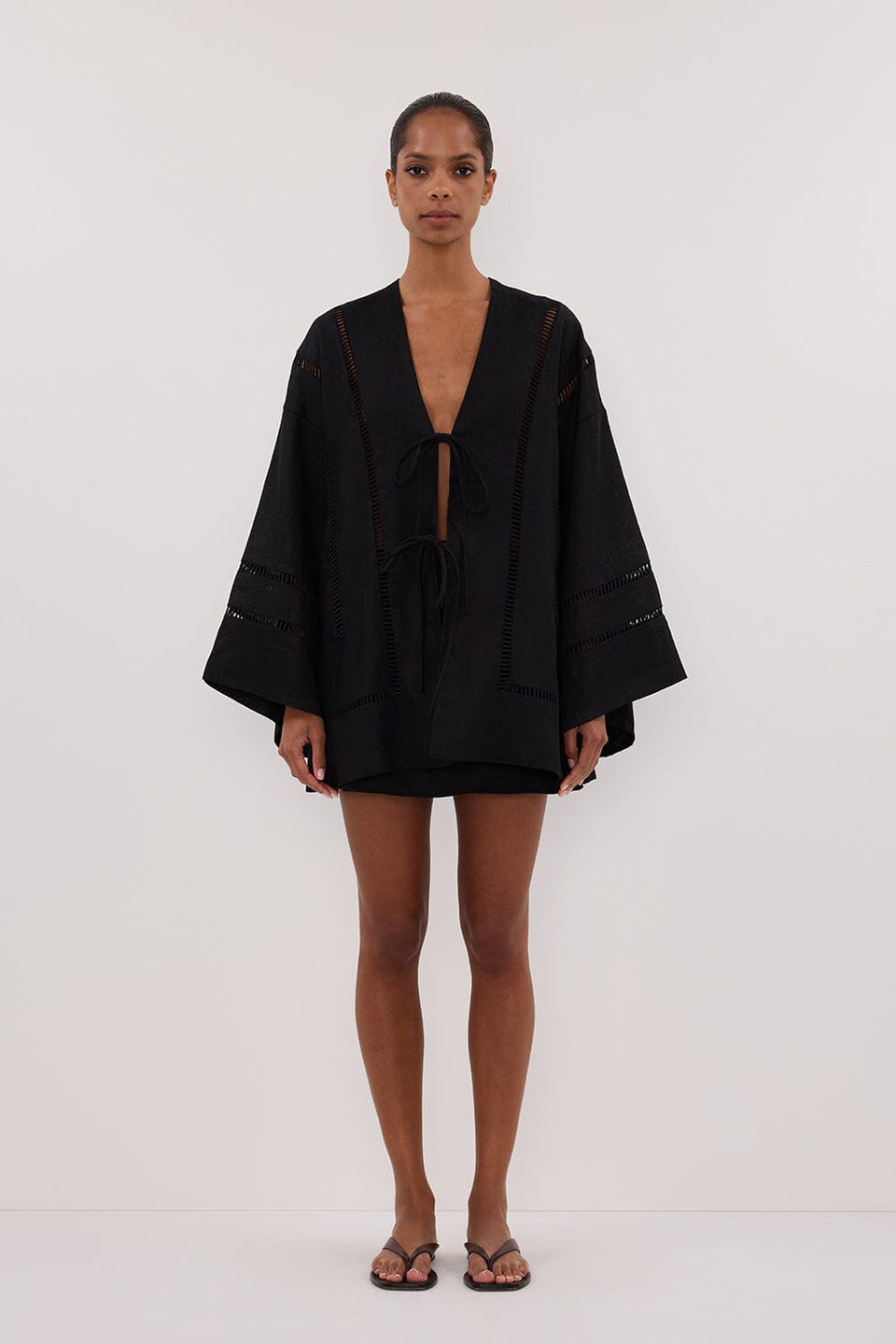 LINDSAY BLACK LINEN KIMONO TOP Clothing DISSH Boutiques 4 BLACK 
