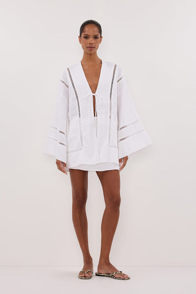 Kristen wearing LINDSAY WHITE LINEN KIMONO TOP