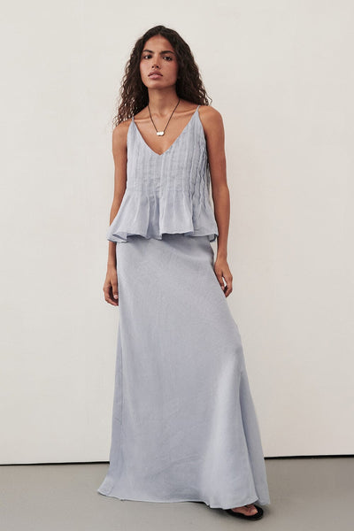 Keilani wearing TAHLIA DUSTY BLUE RAMIE TOP