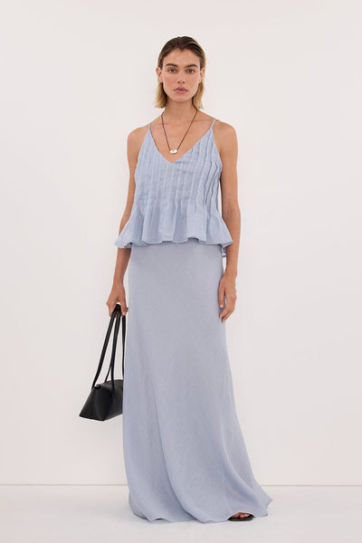 Joanna wearing TAHLIA DUSTY BLUE RAMIE TOP