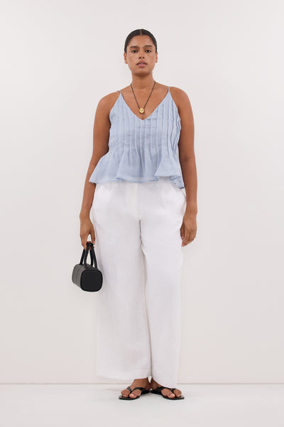 Amanda wearing TAHLIA DUSTY BLUE RAMIE TOP