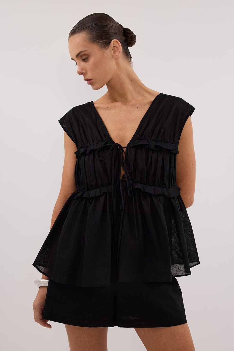QUINN BLACK LINEN RUFFLE TOP Clothing DISSH Boutiques 
