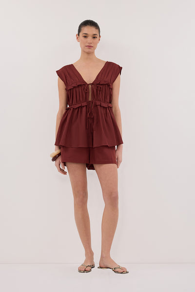 Aude wearing QUINN SAHARA LINEN RUFFLE TOP