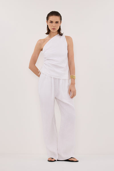 Stas wearing FINNY WHITE SLEEVELESS LINEN TOP