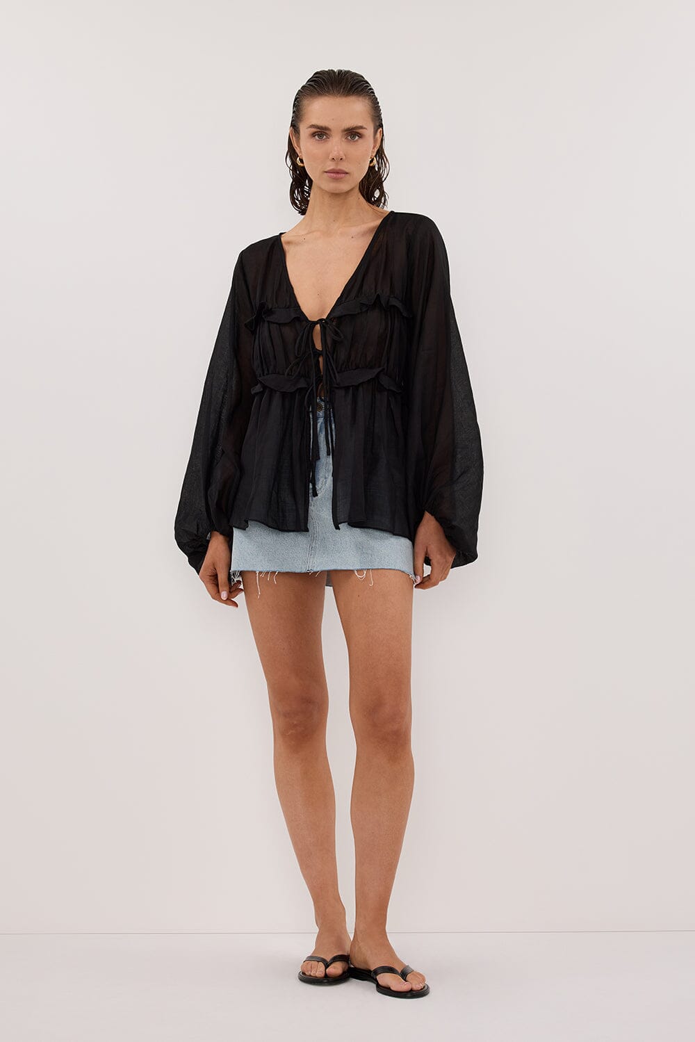 MILA BLACK RAMIE LONG SLEEVE FRILL TOP Clothing DISSH Boutiques 