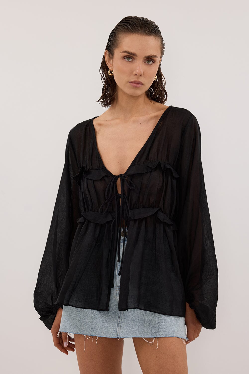 MILA BLACK RAMIE LONG SLEEVE FRILL TOP Clothing DISSH Boutiques 