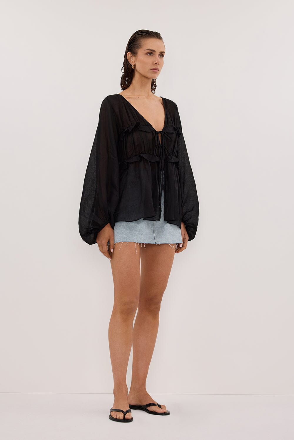 MILA BLACK RAMIE LONG SLEEVE FRILL TOP Clothing DISSH Boutiques 