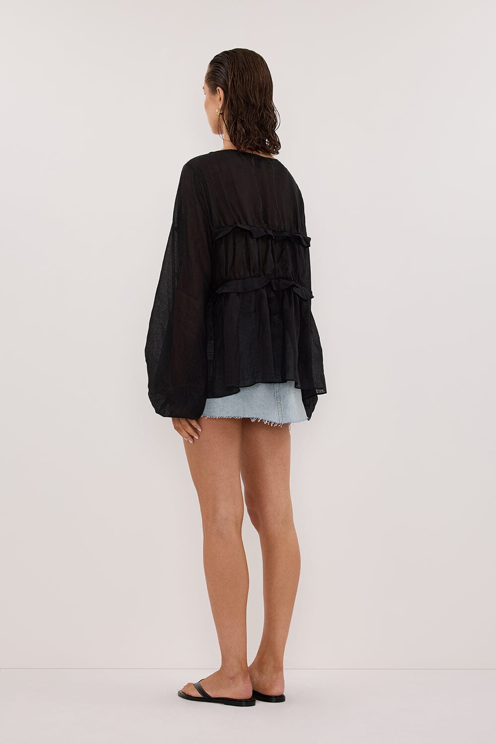 MILA BLACK RAMIE LONG SLEEVE FRILL TOP Clothing DISSH Boutiques 