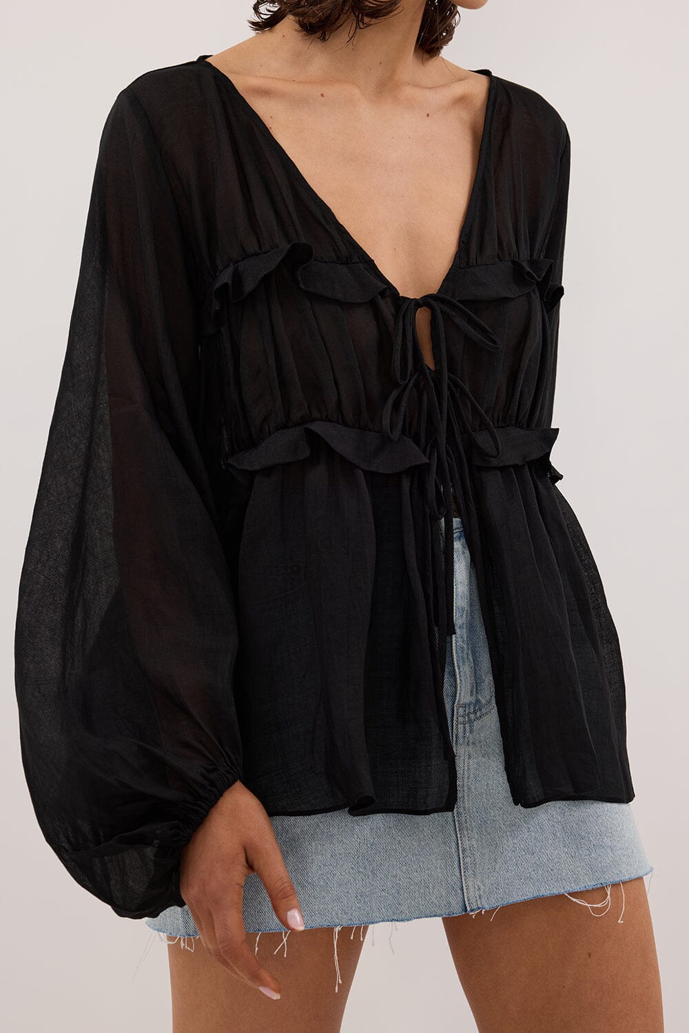 MILA BLACK RAMIE LONG SLEEVE FRILL TOP Clothing DISSH Boutiques 