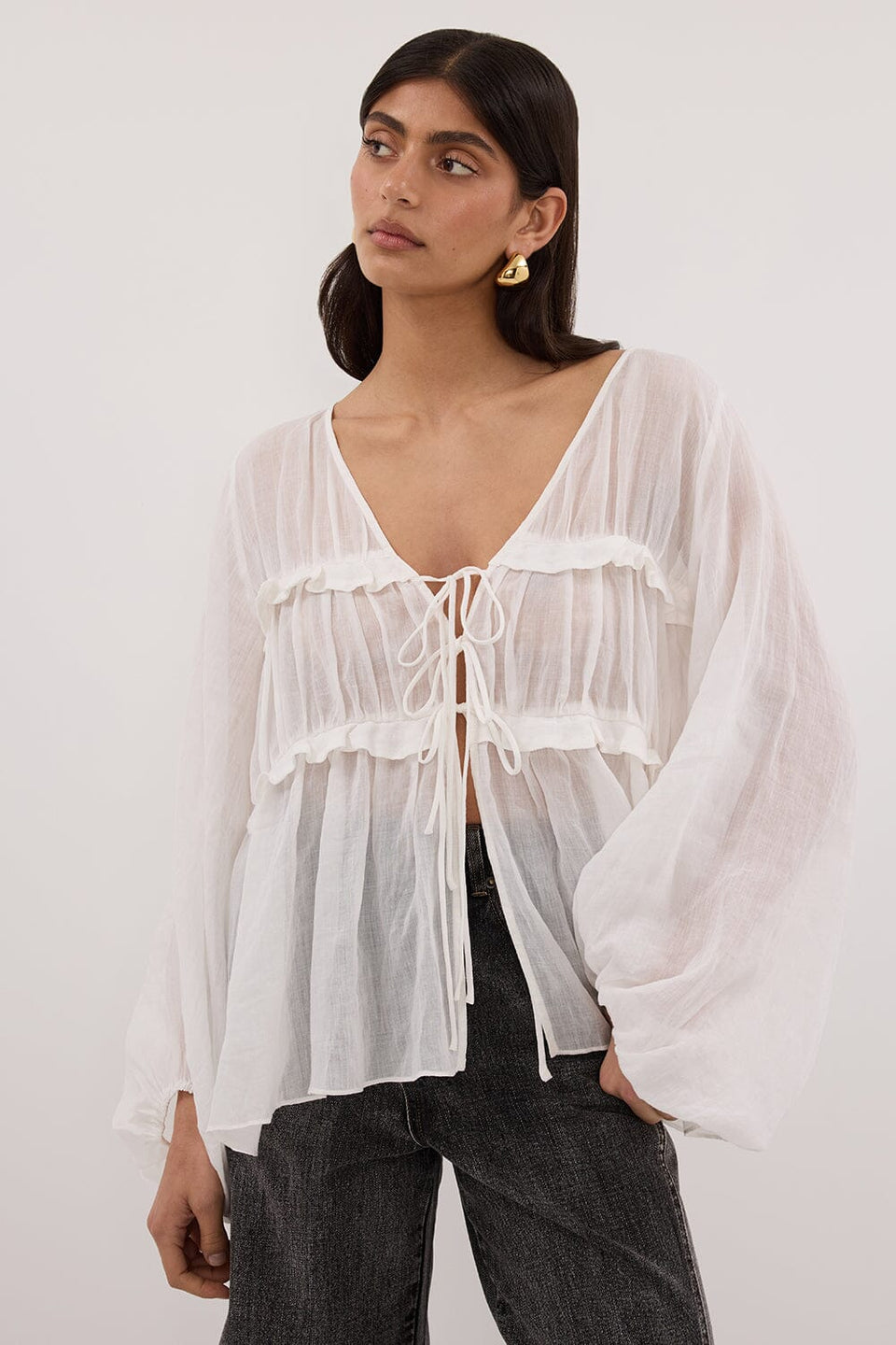 MILA WHITE RAMIE SLEEVED FRILL TOP Clothing DISSH Boutiques 