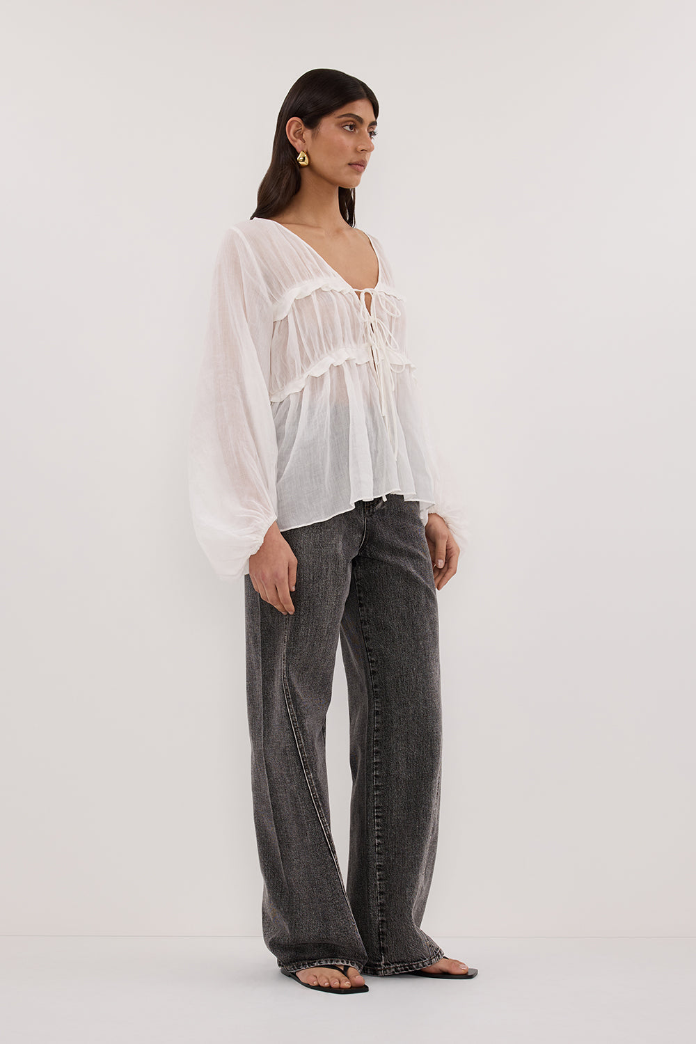 MILA WHITE RAMIE LONG SLEEVE FRILL TOP