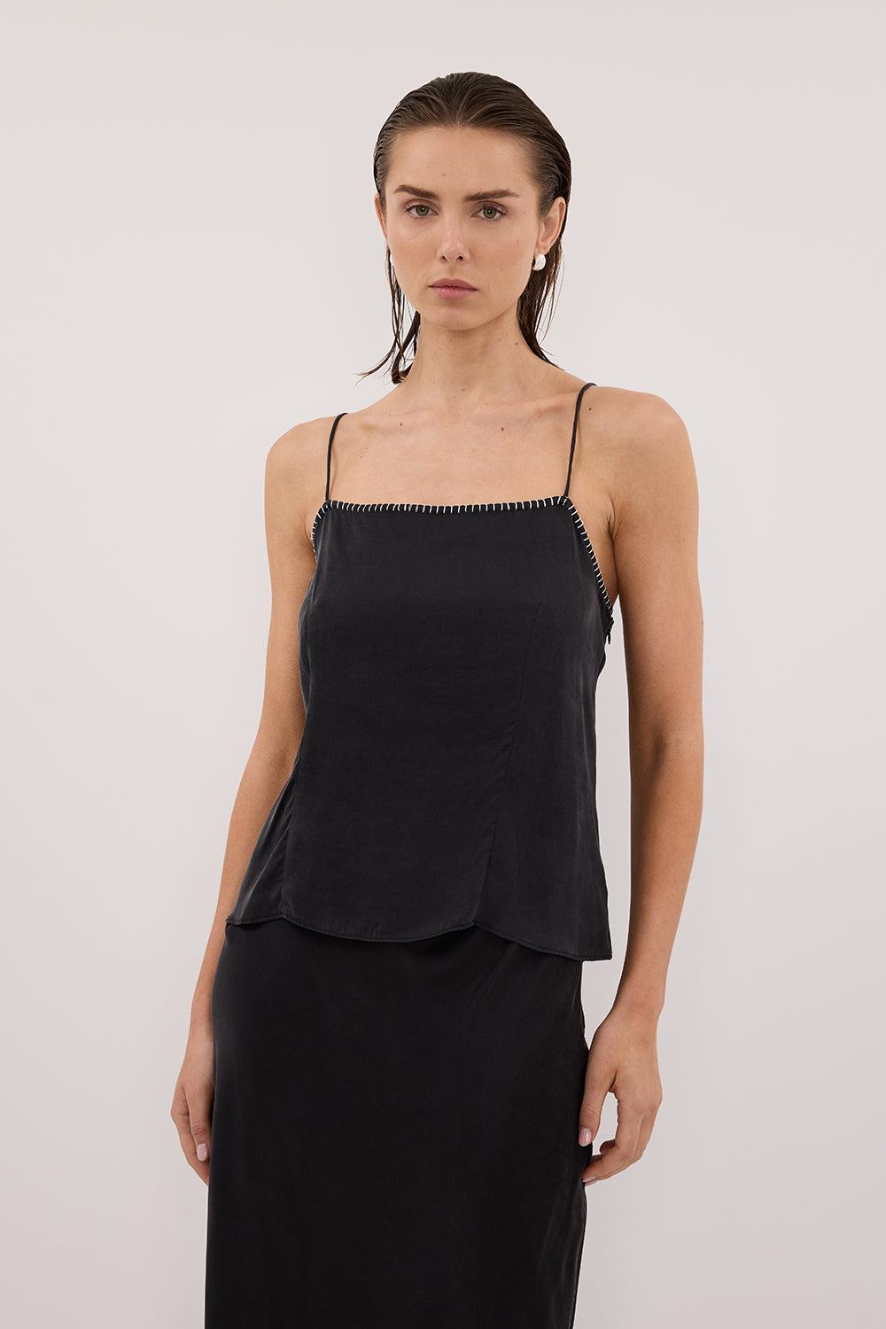 PIPER BLACK SLEEVELESS SILK STITCH DETAIL CAMI Clothing DISSH Boutiques 