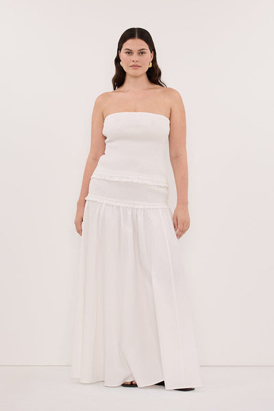 Jasmine wearing EDIE WHITE STRAPLESS COTTON TOP