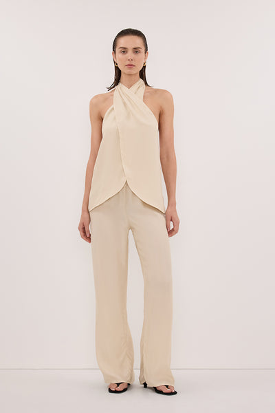 Stas wearing ADDIE STRAW CUPRO HALTER TOP