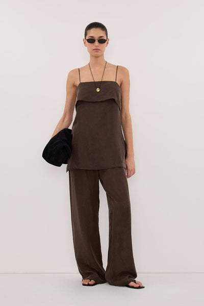 Aude wearing IDA BITTER CHOC SLEEVELESS FOLDOVER CAMI TOP