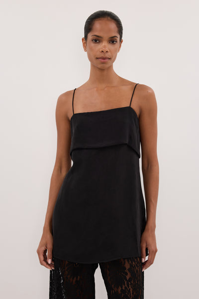 Jasmine wearing IDA BLACK SLEEVELESS FOLDOVER CAMI TOP