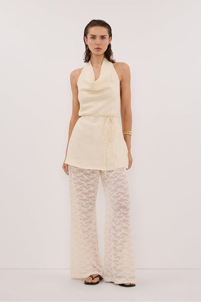 Stas wearing HAYLEE STRAW SLEEVELESS LINEN COWL TOP