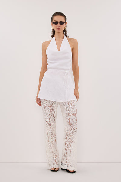 Stas wearing HAYLEE WHITE SLEEVELESS LINEN COWL TOP