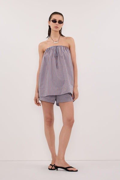 Stas wearing HARRI STRIPE STRAPLESS TOP