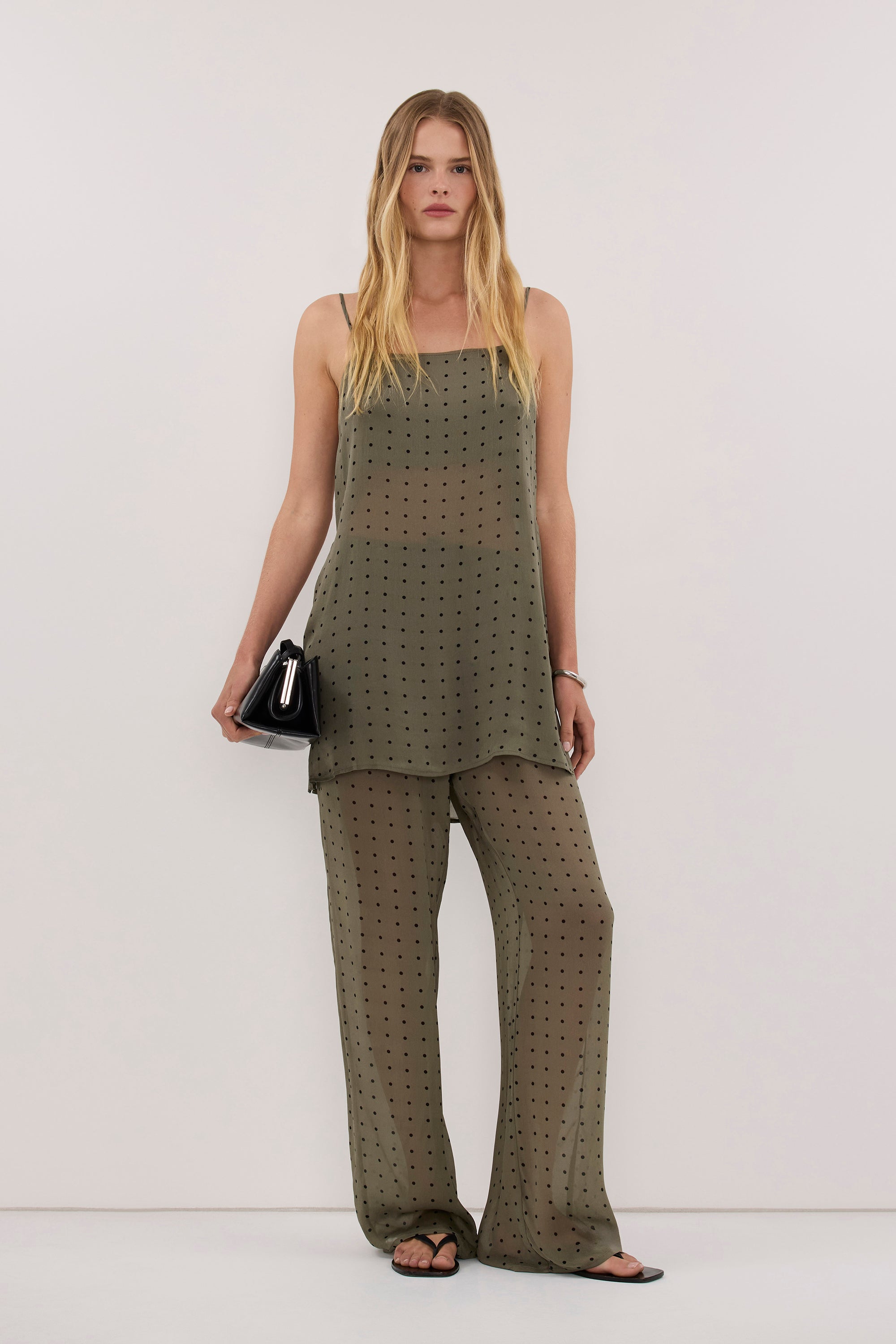 VANESSA KHAKI SLEEVELESS SPOT CAMI TOP
