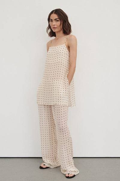 Bambi wearing VANESSA SANDSTONE SLEEVELESS SPOT CAMI TOP