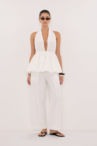 Aude wearing TAMMY WHITE SLEEVELESS COTTON HALTER TOP