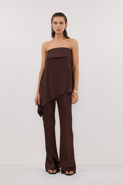 Stas wearing SANDER BITTER CHOC STRAPLESS SATIN TOP