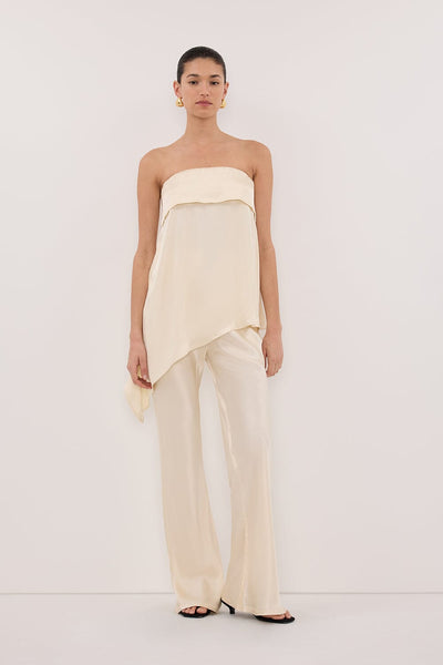 Aude wearing SANDER CREAM STRAPLESS SATIN TOP
