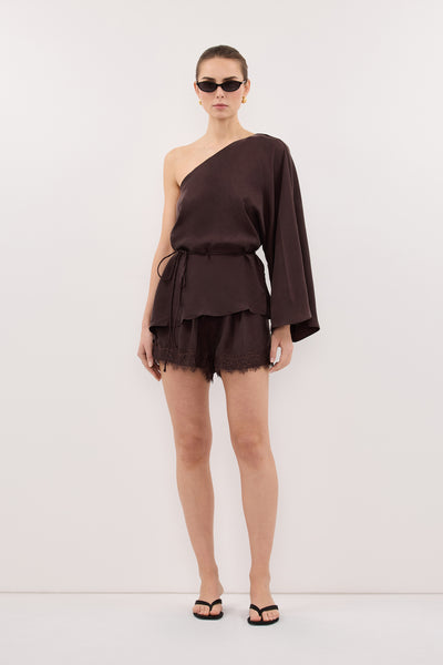 Stas wearing RODEO PLUM CHOC CUPRO ASYM TOP