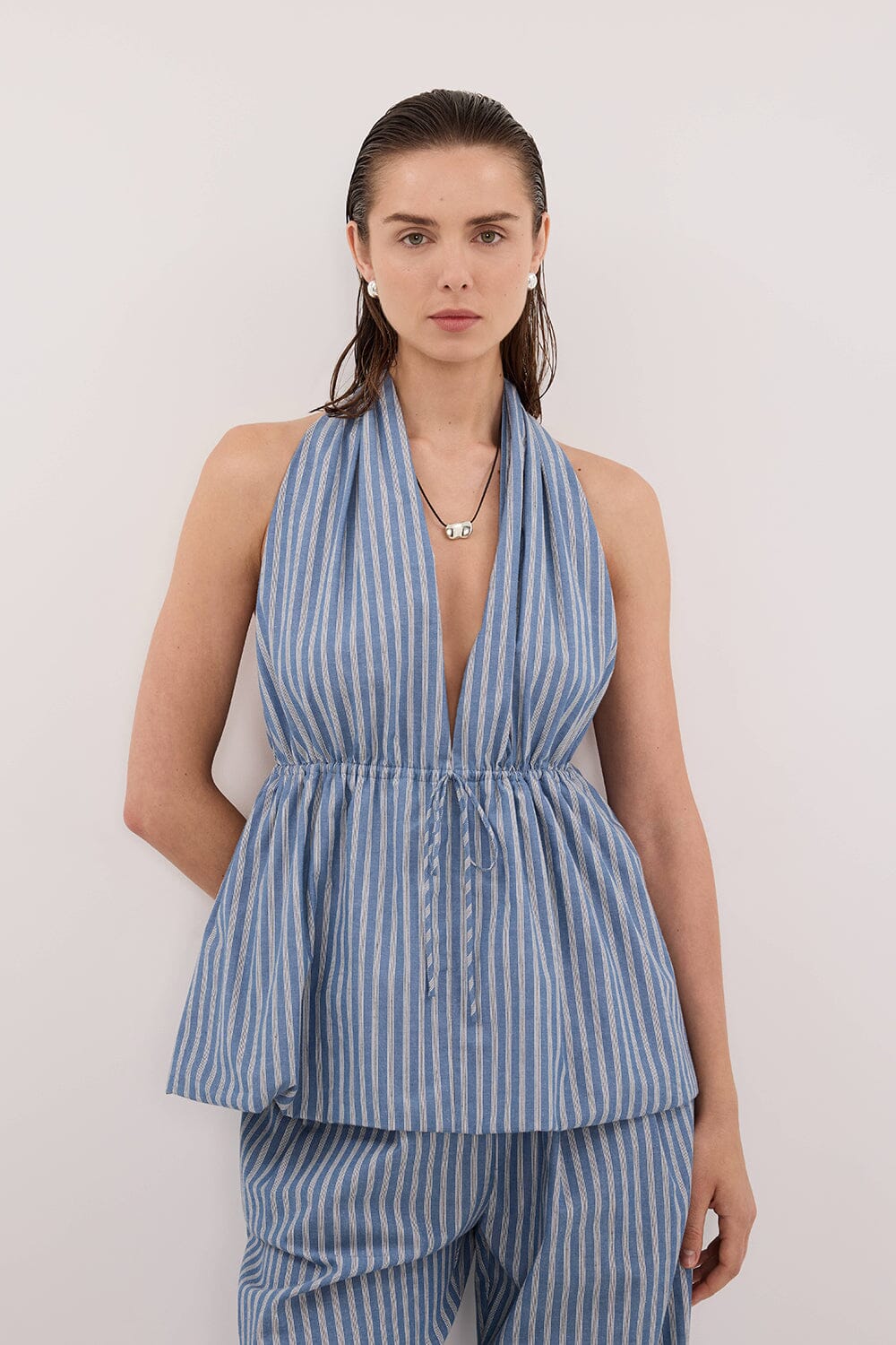 GRACIE BLUE STRIPE HALTER TOP Clothing DISSH Boutiques 