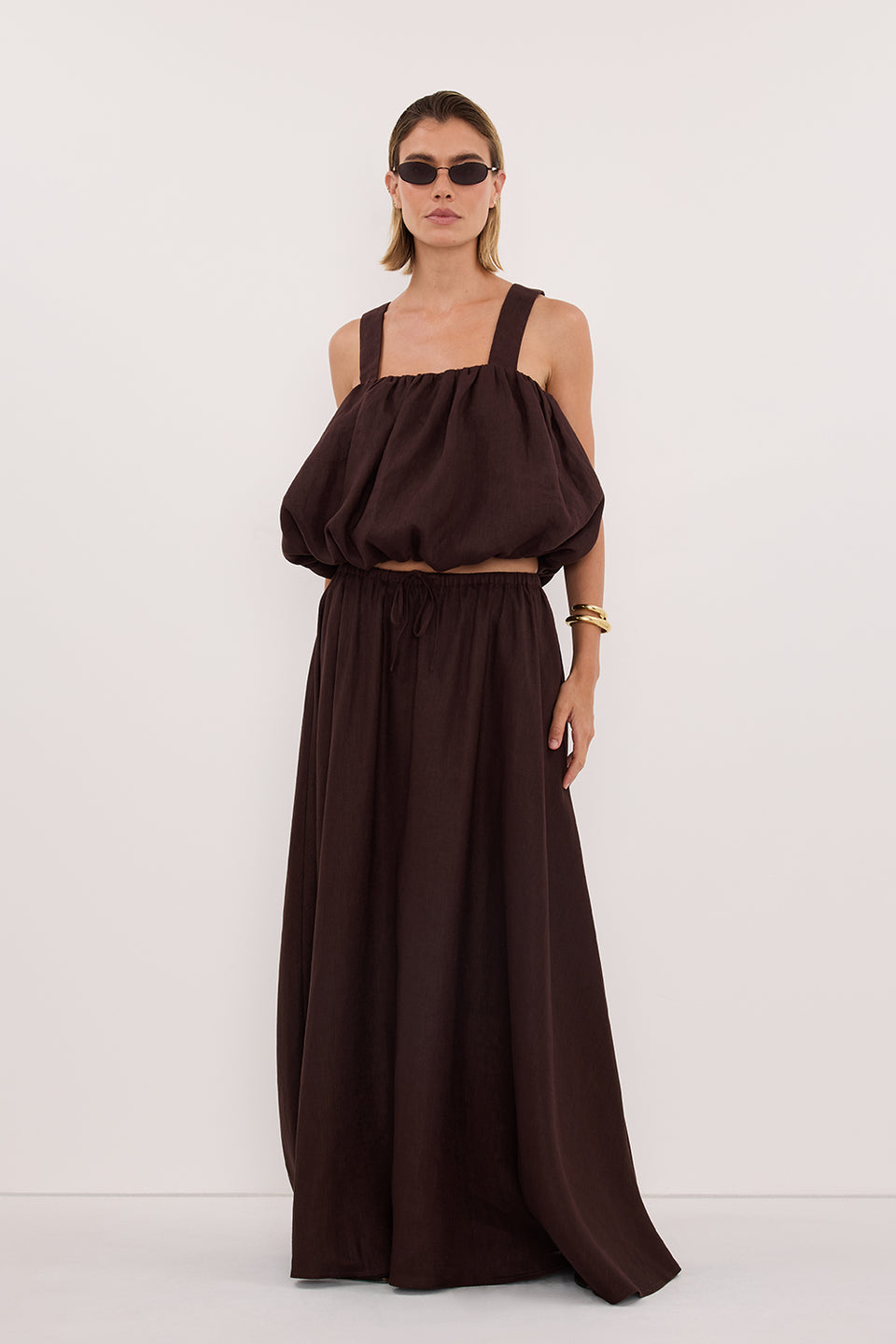 RAVELLO BURNT CHOC LINEN BUBBLE TOP - PRE ORDER Clothing DISSH Boutiques 