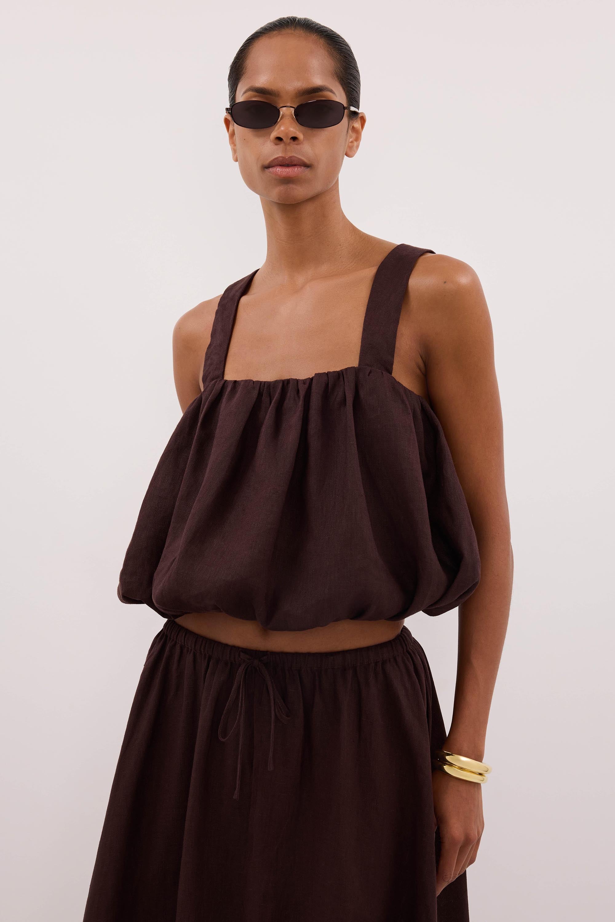 RAVELLO BURNT CHOC LINEN BUBBLE TOP