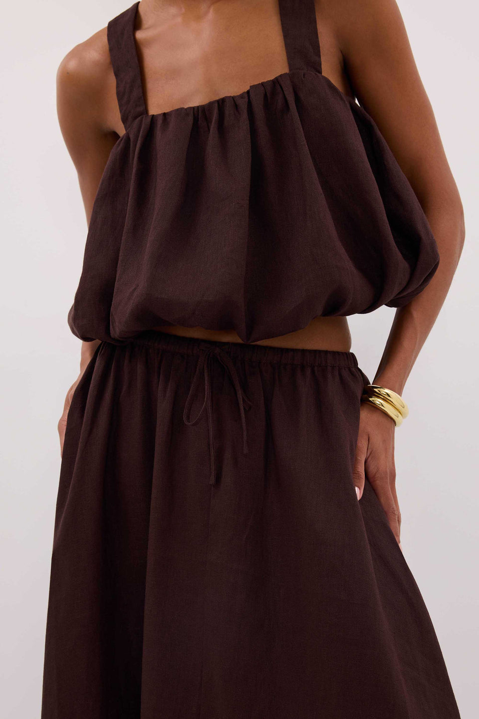 RAVELLO BURNT CHOC LINEN BUBBLE TOP