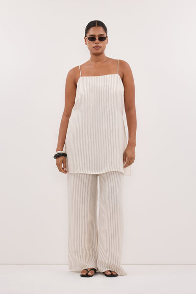Amanda wearing AMARA CREAM STRIPE CUPRO CAMI TOP