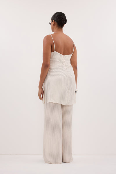 Zoe wearing AMARA CREAM STRIPE CUPRO CAMI TOP