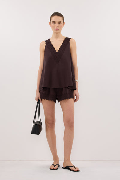 Stas wearing ANNABEL BURNT CHOC V NECK TOP