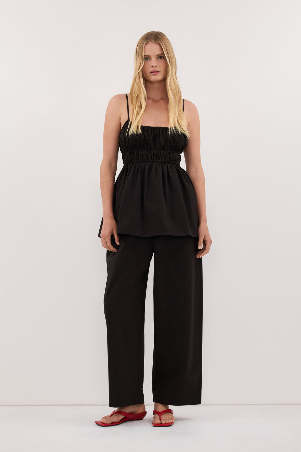 ZAHARA BLACK POPLIN RUCHED TOP