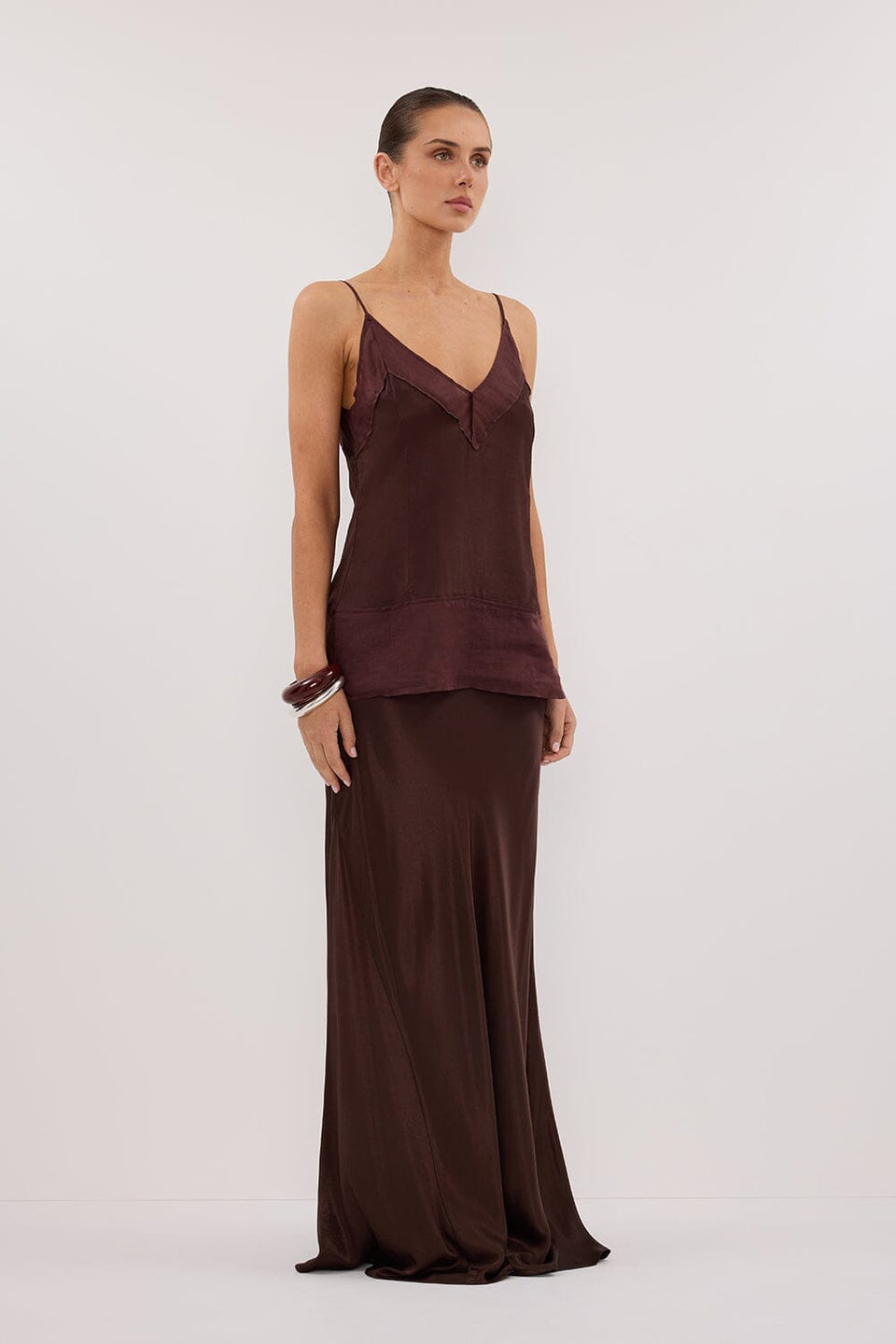 CHARLI BITTER CHOC SATIN MAXI SKIRT Clothing DISSH Boutiques 