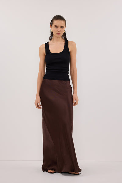 Stas wearing CHARLI BITTER CHOC SATIN MAXI SKIRT