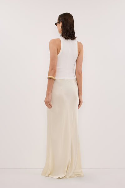 Stas wearing CHARLI STRAW SATIN MAXI SKIRT