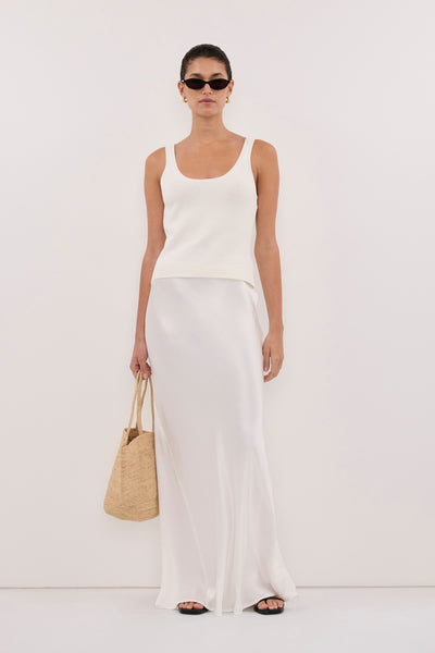 Aude wearing CHARLI WHITE SATIN MAXI SKIRT