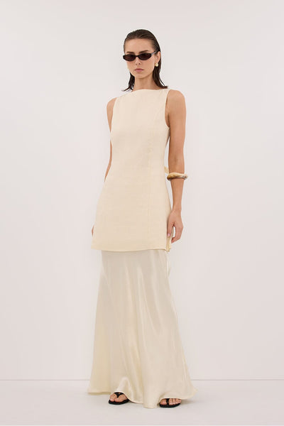 Stas wearing CHARLI STRAW SATIN MAXI SKIRT