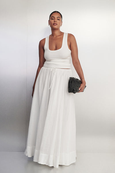 Amanda wearing LAYNE WHITE RAMIE MAXI SKIRT