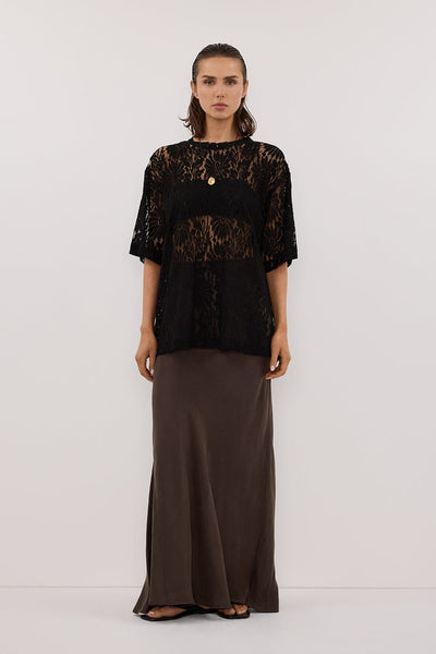 Stas wearing CONNIE BITTER CHOC CUPRO MAXI SKIRT