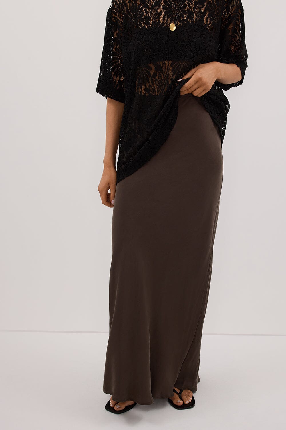 CONNIE BITTER CHOC CUPRO MAXI SKIRT