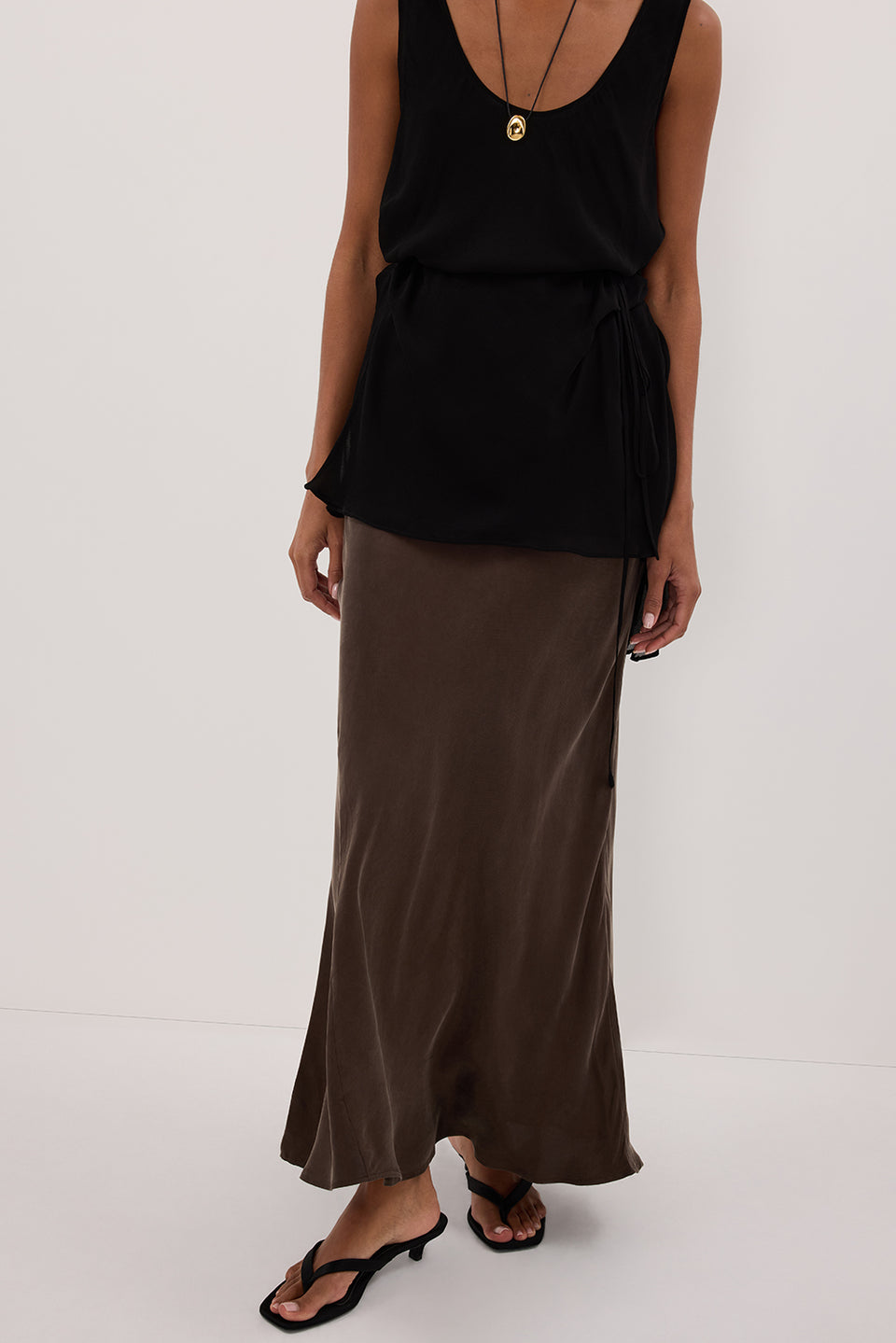 CONNIE BITTER CHOC CUPRO MAXI SKIRT Clothing DISSH Boutiques 
