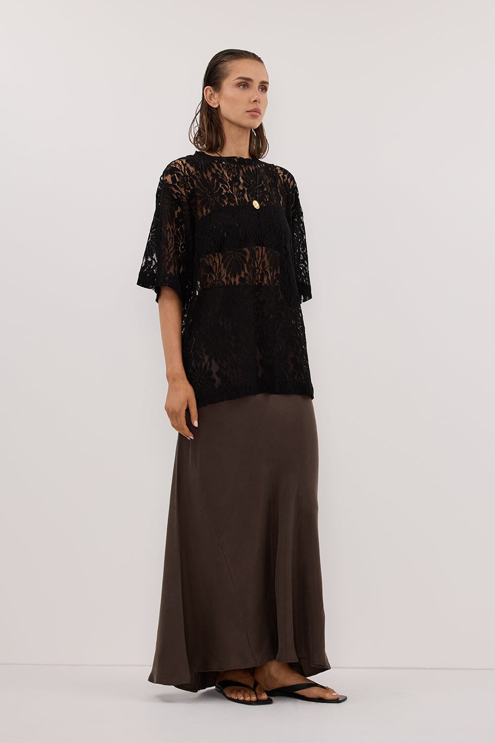 CONNIE BITTER CHOC CUPRO MAXI SKIRT