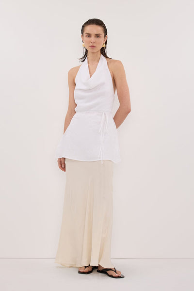 Stas wearing CONNIE SANDSTONE CUPRO MAXI SKIRT