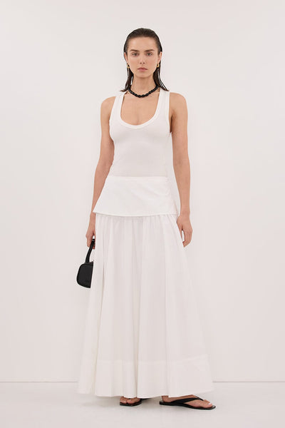Stas wearing CLAIRE WHITE COTTON MIDI SKIRT